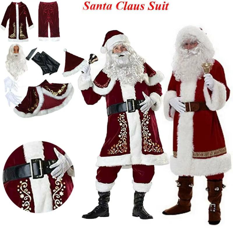 Deluxe Velvet Santa Suit – 8Pc Adult & Kids Christmas Costume Set