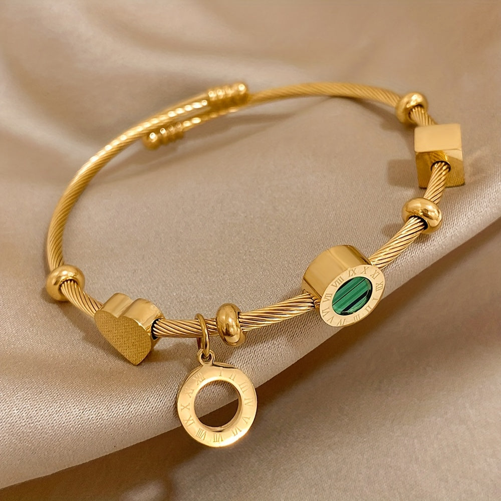 Elegant Golden-Tone Adjustable Cuff Bracelet with Green & Black Stone Beads