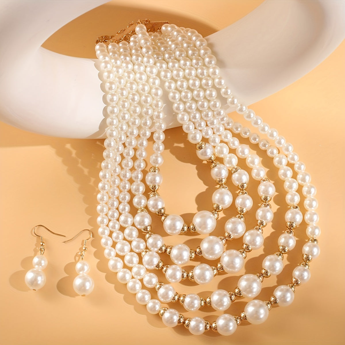 Elegant Multi-Layered Faux Pearl Beaded Necklace and Earrings