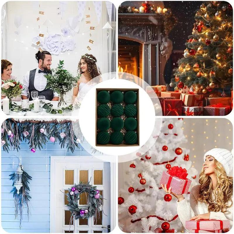12-Pack Green Flocked Christmas Tree Baubles – Elegant ABS Ornaments for Festive Decor & Holiday Parties