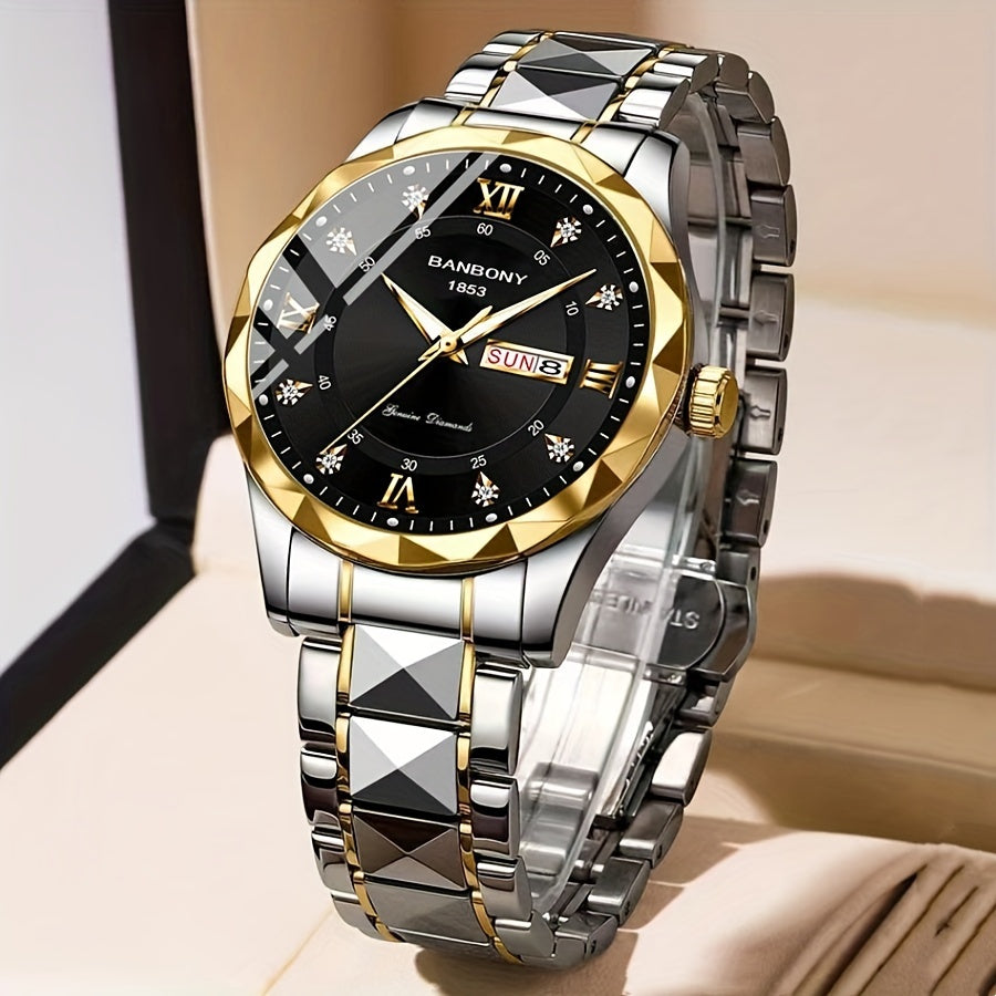 Men's Roman Numerals Dial Rhinestones Multifunctional Watch