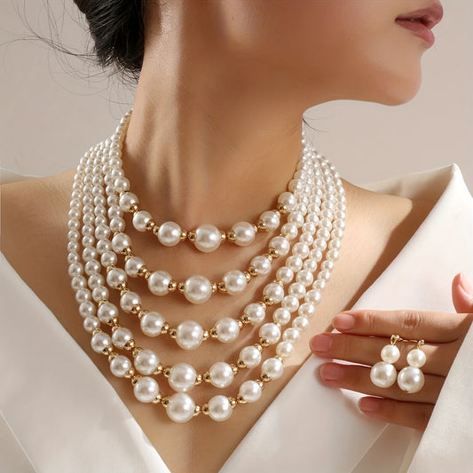 Elegant Multi-Layered Faux Pearl Beaded Necklace and Earrings