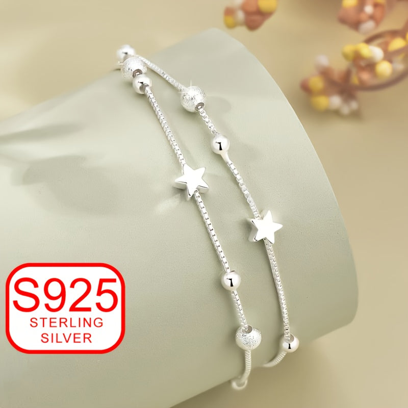 Women's Double-Layer Star Bracelet – 925 Sterling Silver, Hypoallergenic, Versatile Jewelry for Beach, Daily Wear, Weddings & Special Occasions, Perfect Gift for Mother’s Day, Valentine’s Day & Ramadan