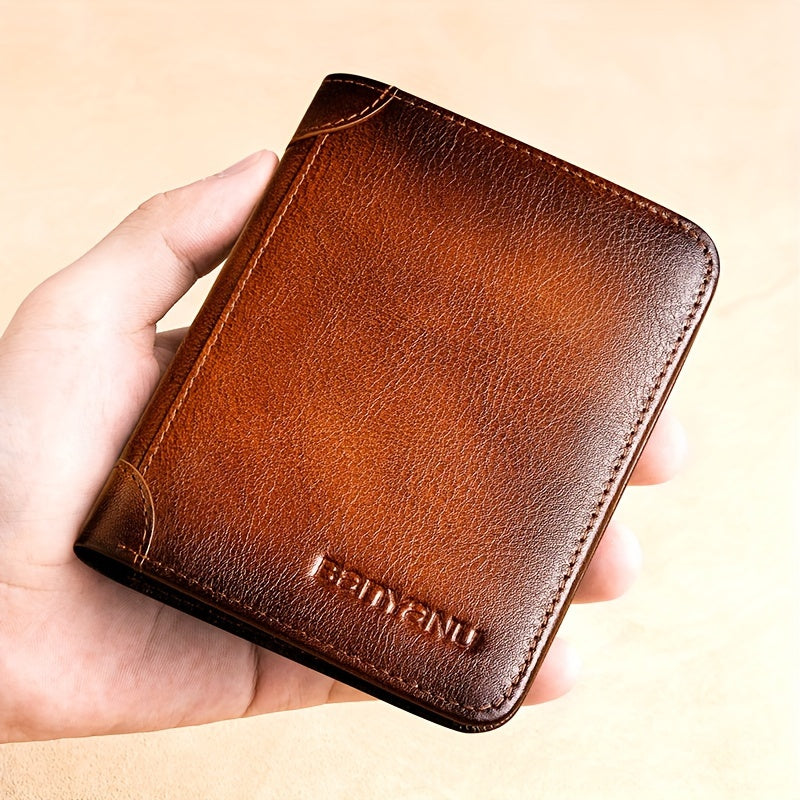 Men's Top Layer Cowhide Short Trifold Wallet