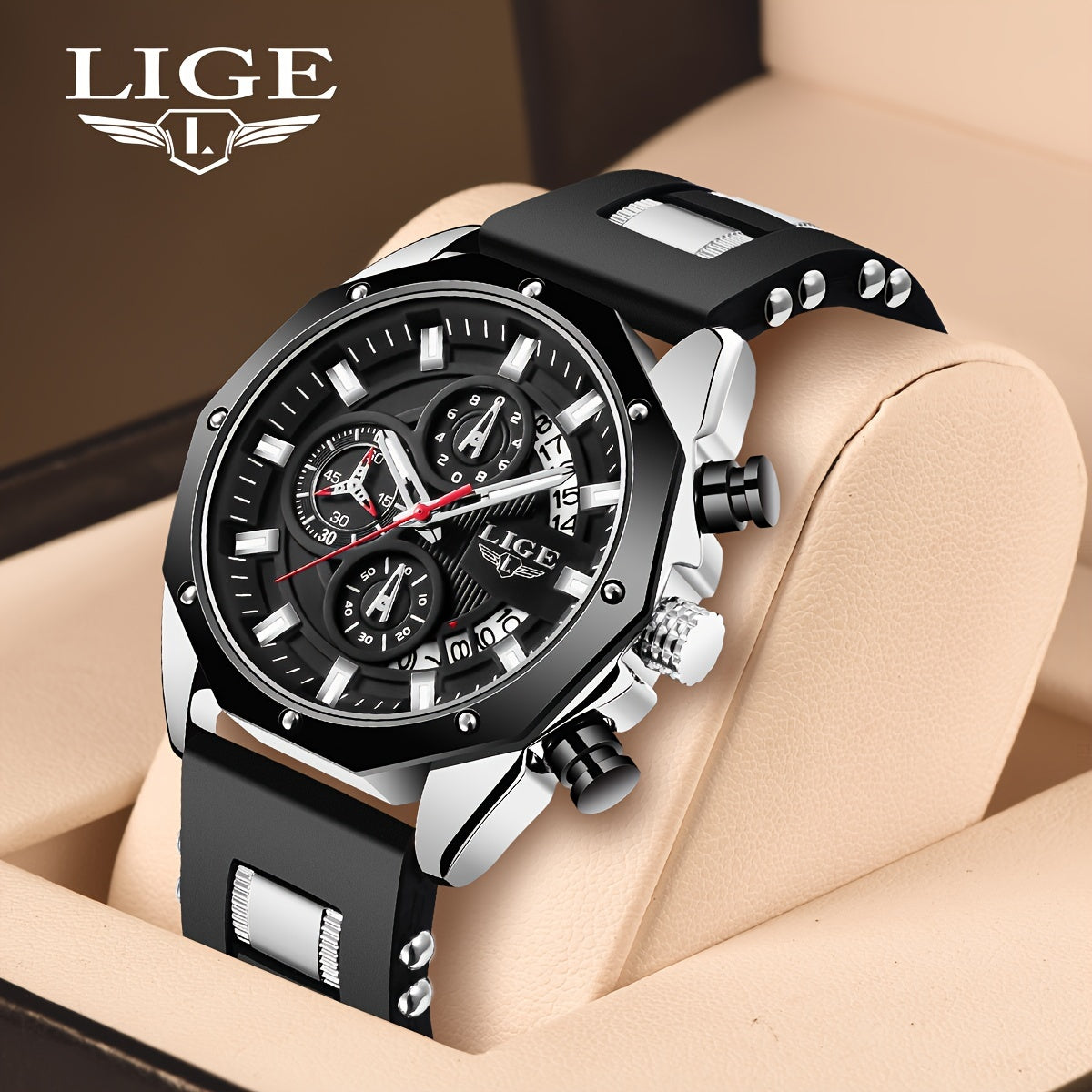 LIGE Men's Chronograph Calendar Wristwatch