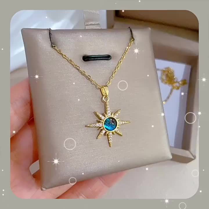 Avant-Garde Starburst Pendant Necklace – Blue Faux Zirconia, Stainless Steel Chain & Copper Pendant, Unisex Jewelry Gift for Teens & Adults, All-Occasion Accessory
