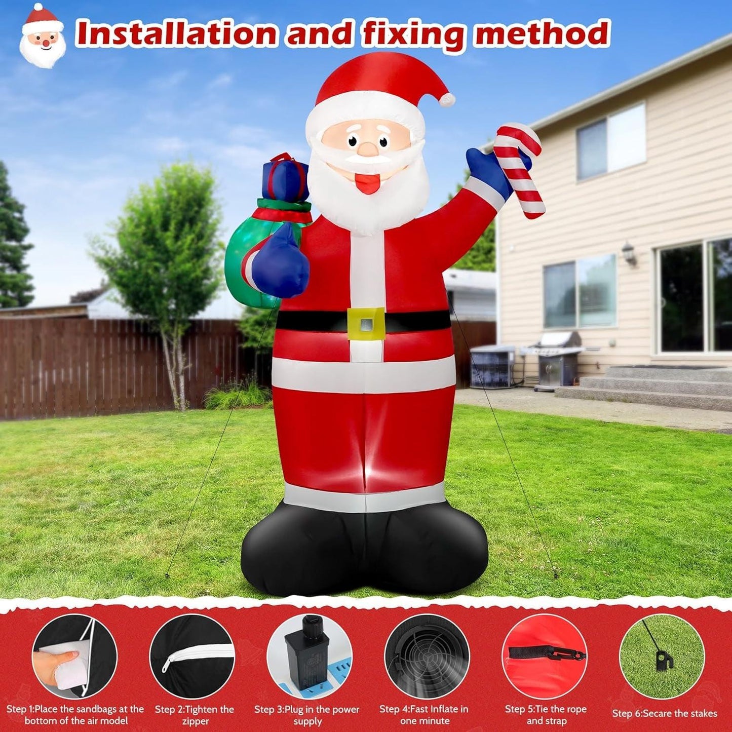 8FT Giant Christmas Inflatable Santa with Flashing Gift Bag – IP44 Weatherproof Outdoor Decoration for Lawn, Garden & Holiday Parties