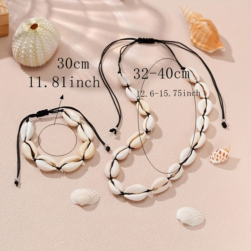 2pcs Bohemian Style Stretchable Natural Cowrie Shell Necklace and Bracelet Set, Adjustable Polyester Rope, Beach Vacation Jewelry Accessory