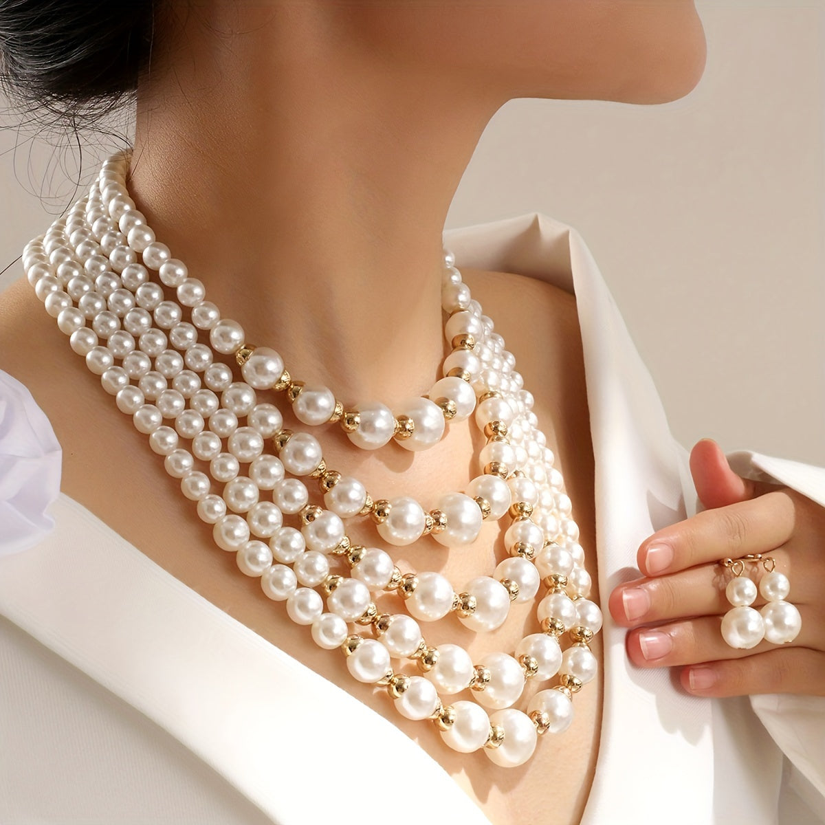 Elegant Multi-Layered Faux Pearl Beaded Necklace and Earrings