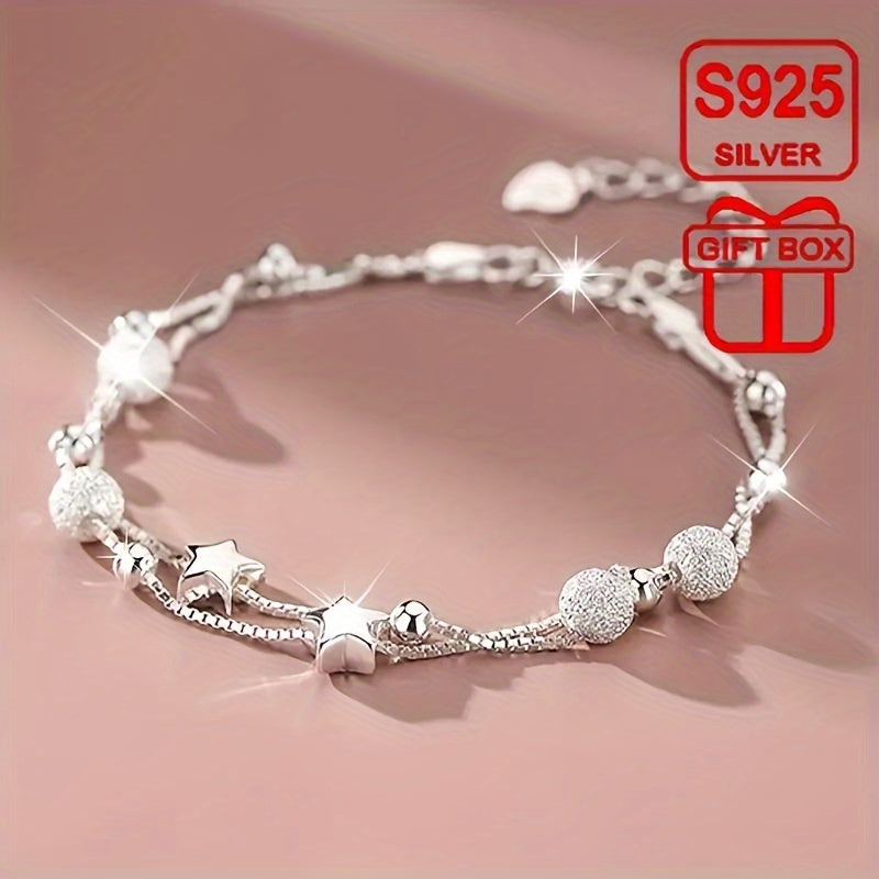 Women's Double-Layer Star Bracelet – 925 Sterling Silver, Hypoallergenic, Versatile Jewelry for Beach, Daily Wear, Weddings & Special Occasions, Perfect Gift for Mother’s Day, Valentine’s Day & Ramadan