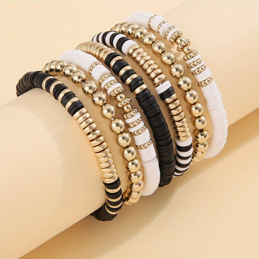 7-Piece Bohemian White & Black Bracelet Set – Elegant Gift for Women, Stylish & Versatile Jewelry