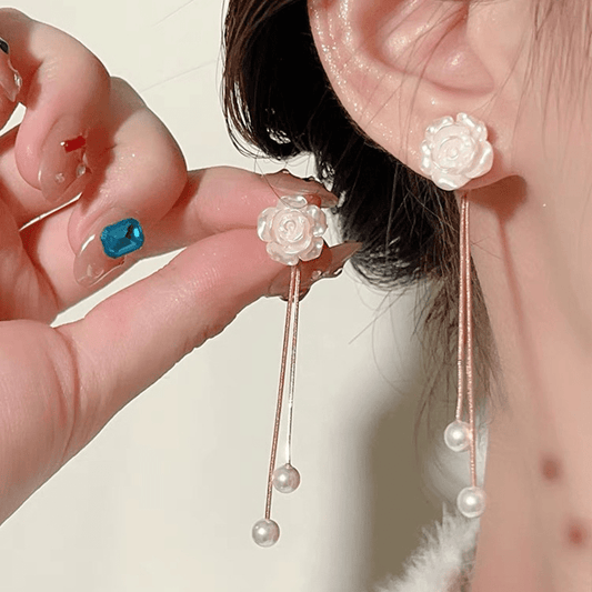 Faux Pearl Flower Tassel Earrings