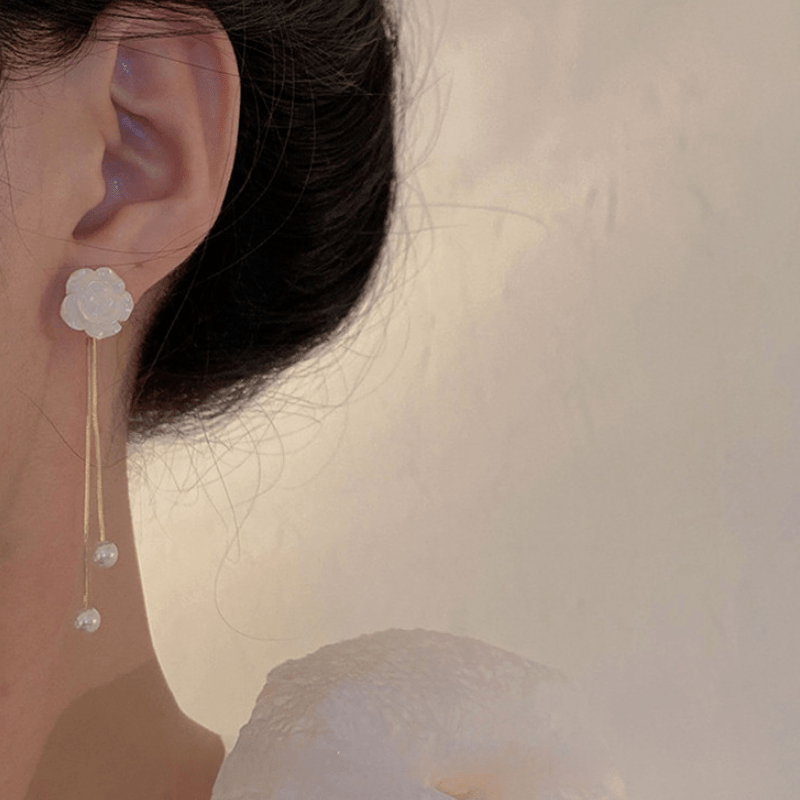 Faux Pearl Flower Tassel Earrings