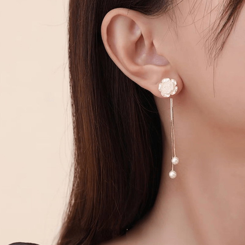 Faux Pearl Flower Tassel Earrings