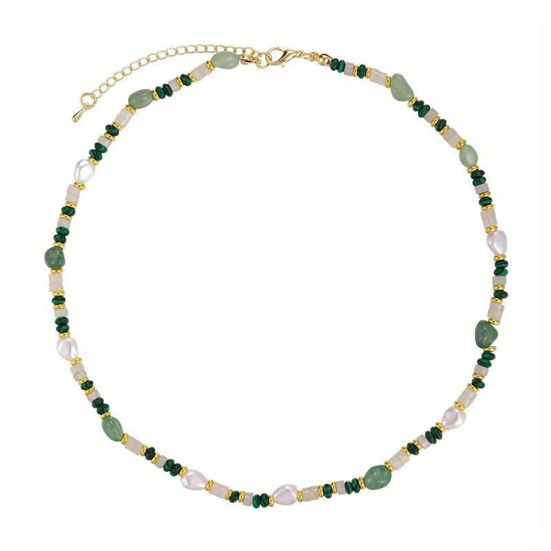 Natural Peacock Green Stone Beaded Pearl Necklace