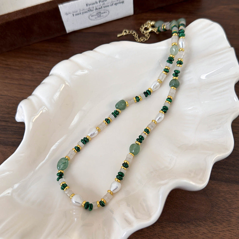 Natural Peacock Green Stone Beaded Pearl Necklace