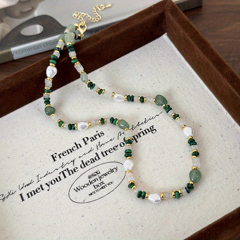 Natural Peacock Green Stone Beaded Pearl Necklace