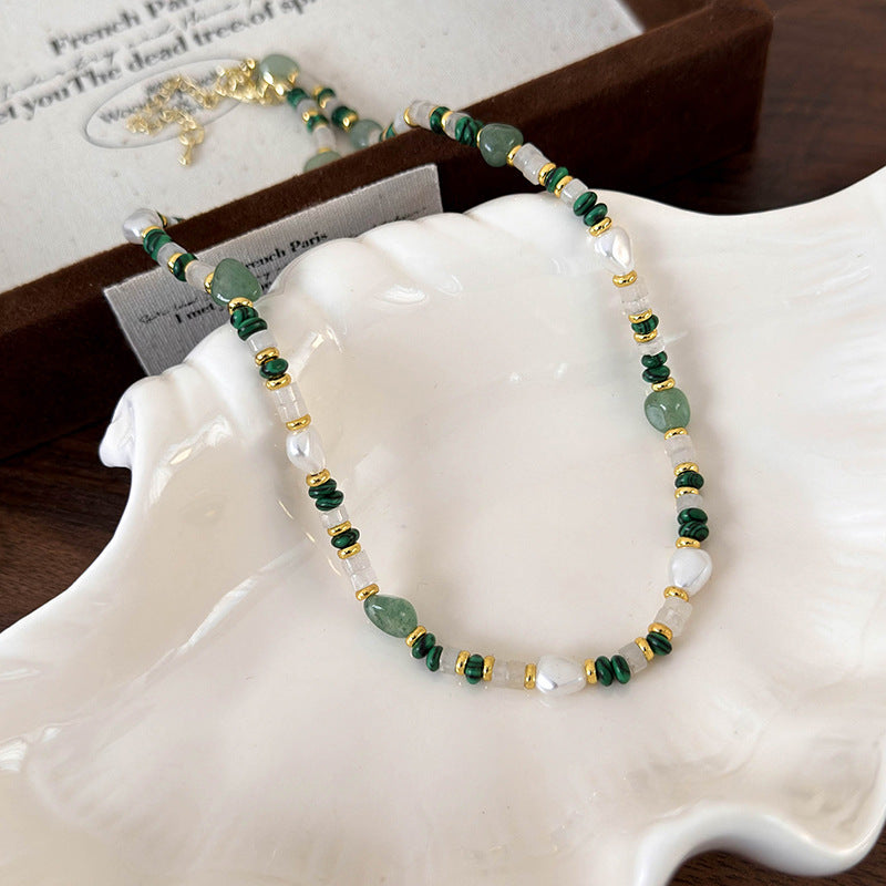 Natural Peacock Green Stone Beaded Pearl Necklace