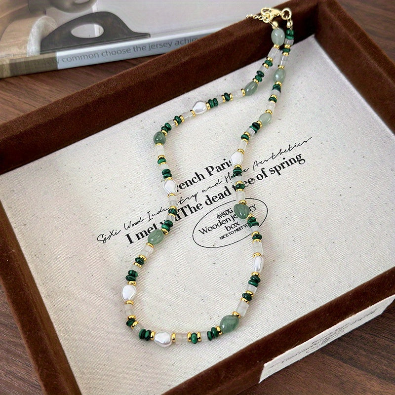 Natural Peacock Green Stone Beaded Pearl Necklace