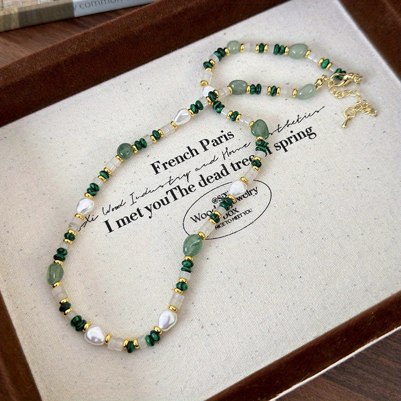 Natural Peacock Green Stone Beaded Pearl Necklace