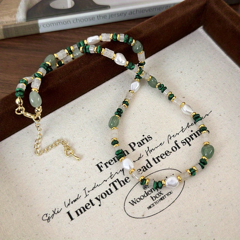 Natural Peacock Green Stone Beaded Pearl Necklace