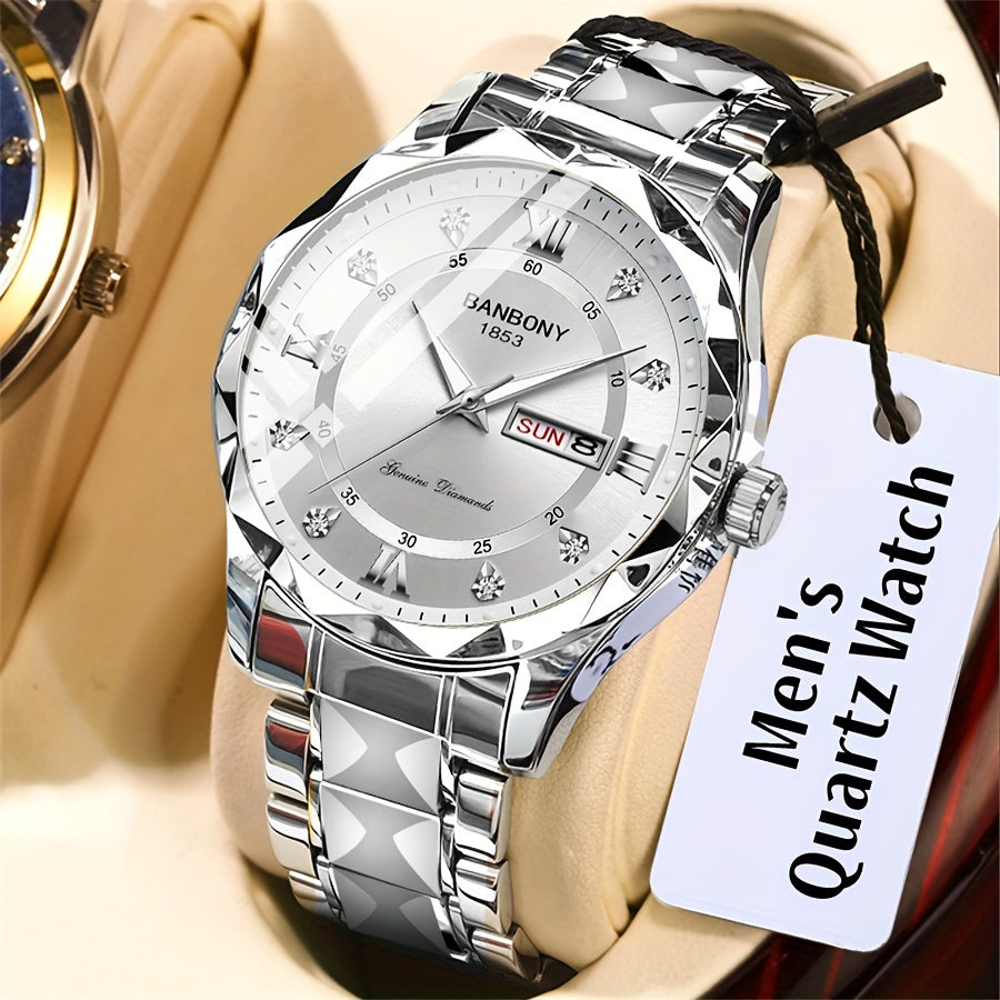 Men's Roman Numerals Dial Rhinestones Multifunctional Watch