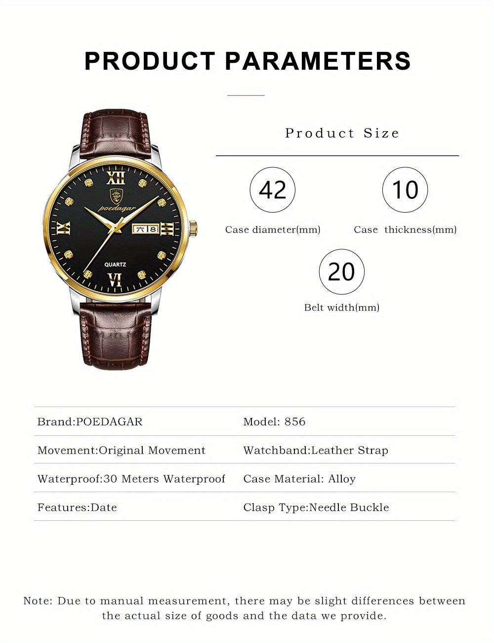 POEDAGAR Men's Leather Fashion Quart Watch