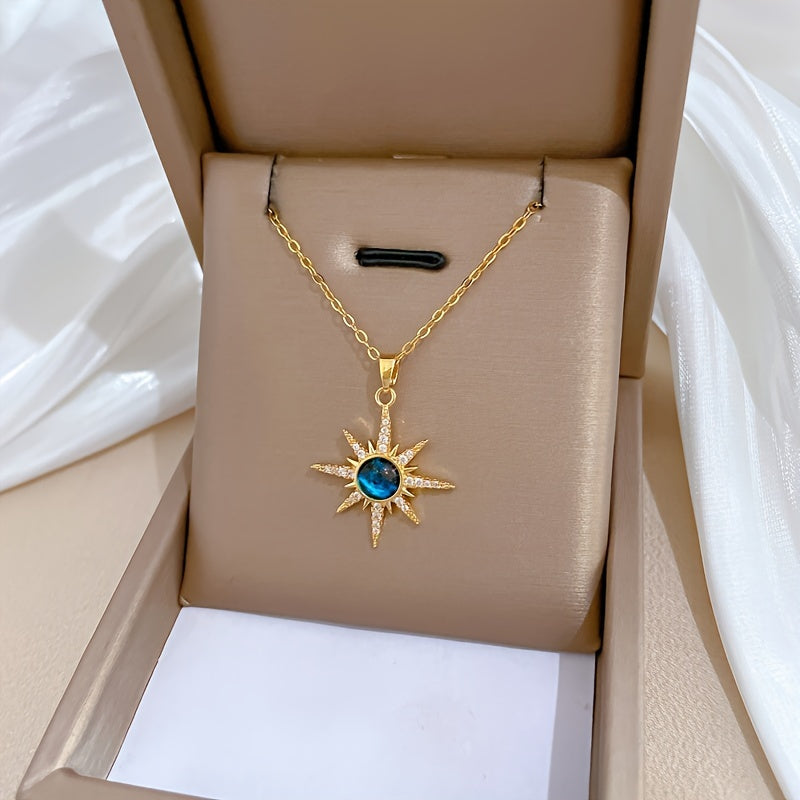 Avant-Garde Starburst Pendant Necklace – Blue Faux Zirconia, Stainless Steel Chain & Copper Pendant, Unisex Jewelry Gift for Teens & Adults, All-Occasion Accessory