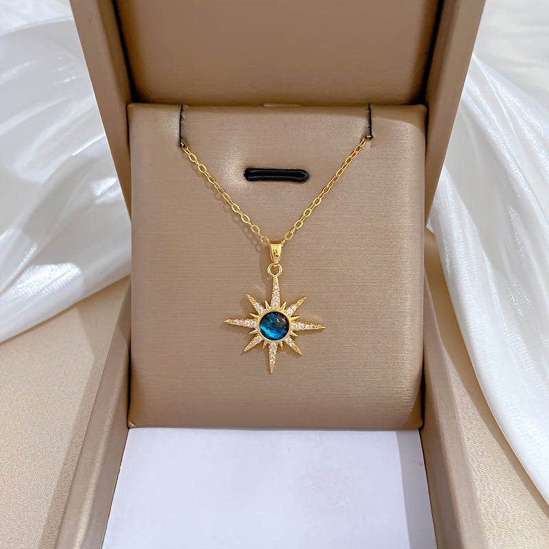 Avant-Garde Starburst Pendant Necklace – Blue Faux Zirconia, Stainless Steel Chain & Copper Pendant, Unisex Jewelry Gift for Teens & Adults, All-Occasion Accessory