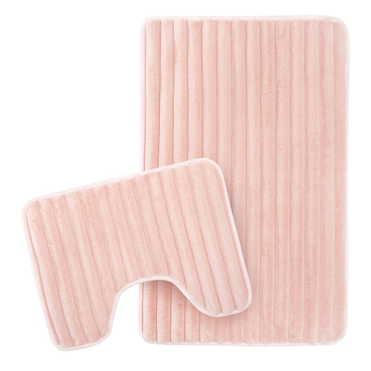 2 Piece Ribbed Bath Mat Set in Pink Extra Soft Non Slip Super Absorbent Bathroom & Toilet Mats Easy Care Rug by OLIVIA ROCCO