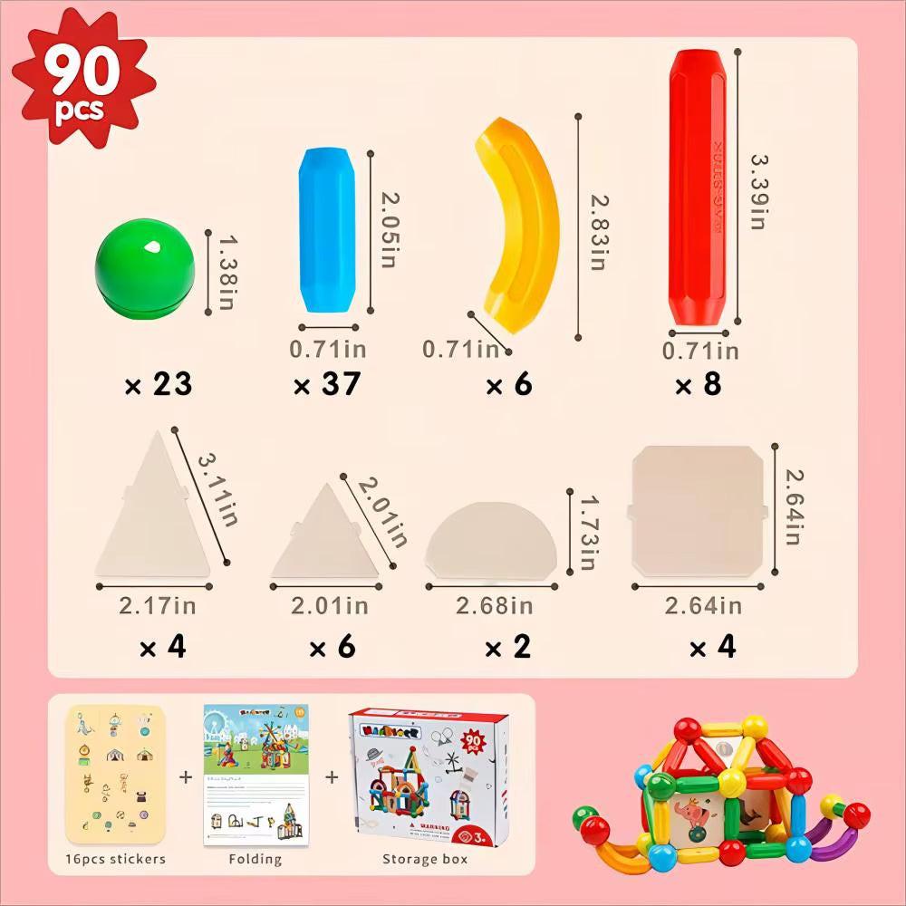 Build Beyond Flat Tiles – 90PCS Montessori‑Style Magnetic Sticks & Balls STEM Toy for 3D Learning