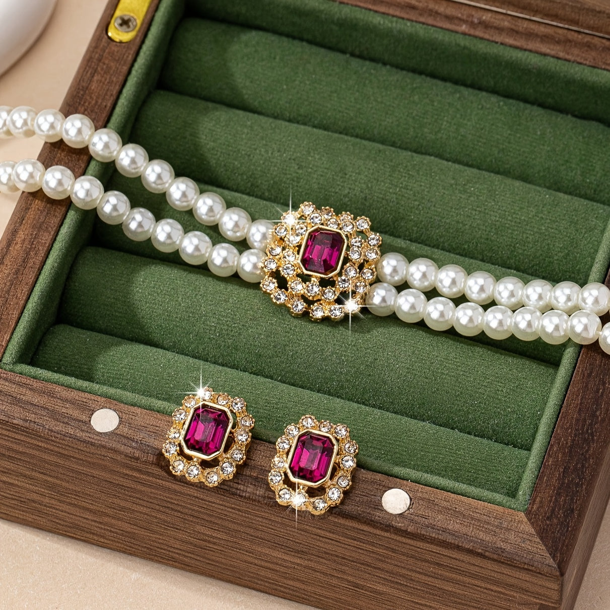 Luxury Elegant Double Row Faux Pearl Square Necklace Set