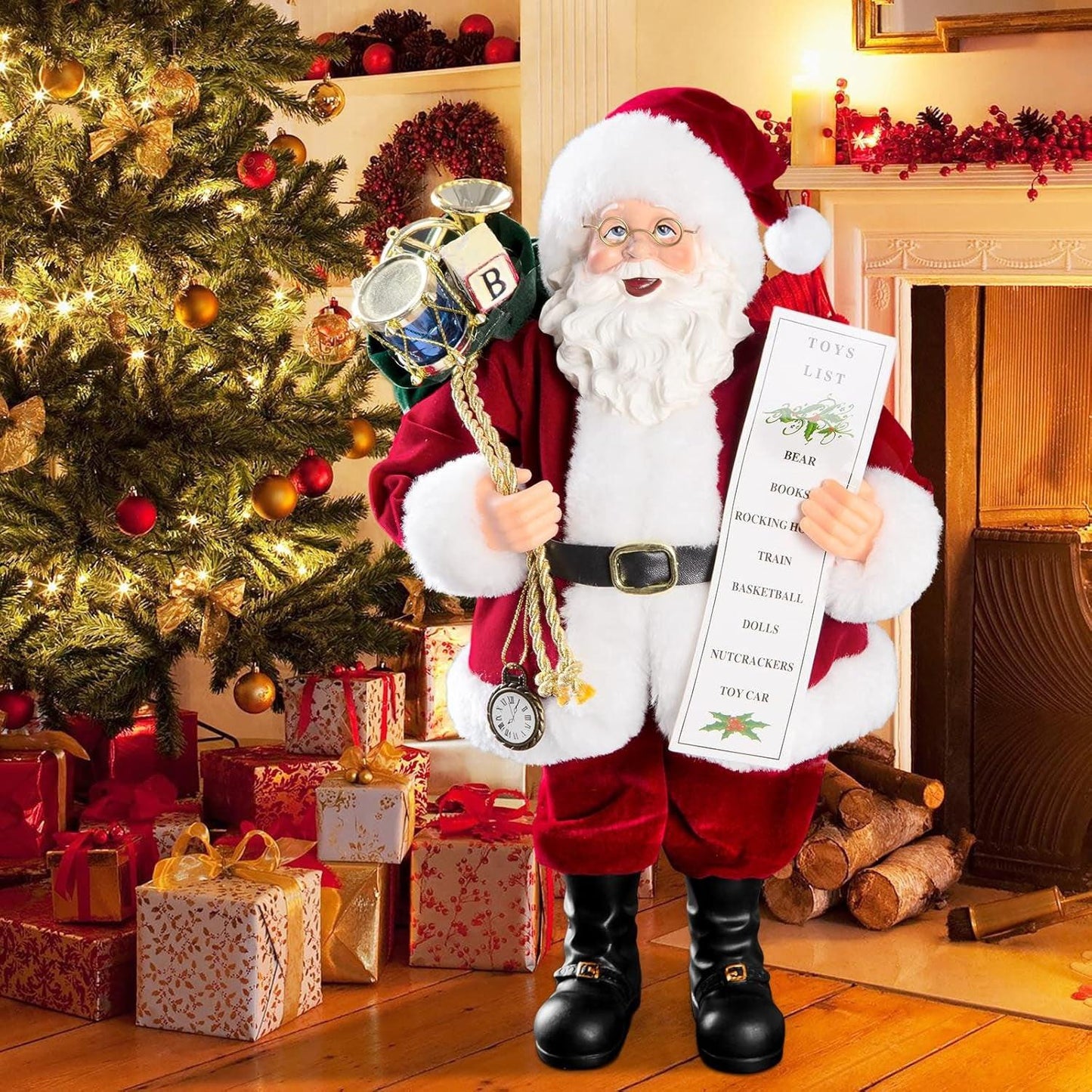 11‑Inch Santa Claus Figurine – Velvet Coat, Glasses & Gift Bag