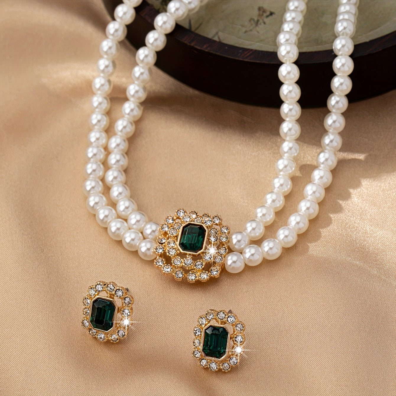 Luxury Elegant Double Row Faux Pearl Necklace Set