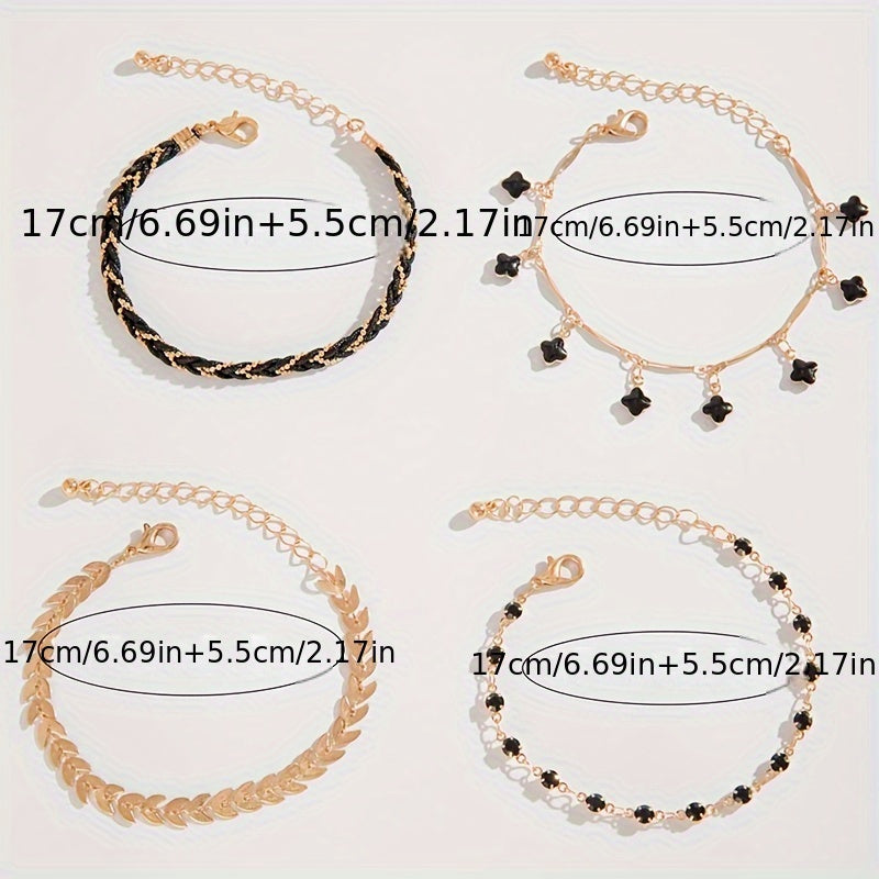 4-Piece Black Chain Bracelet Set – Hip Hop Style Zinc Alloy Thin Hand Chain Bracelets for Women, Trendy Jewelry Collection