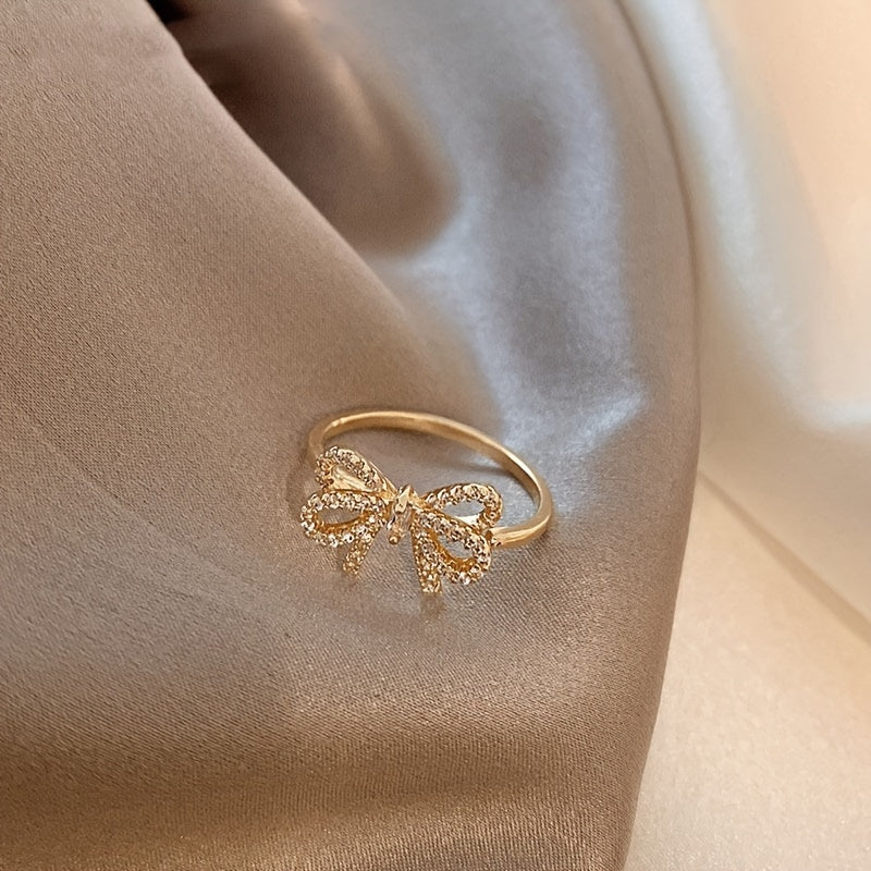 Inlaid Shiny Zirconia Bowknot Band Ring