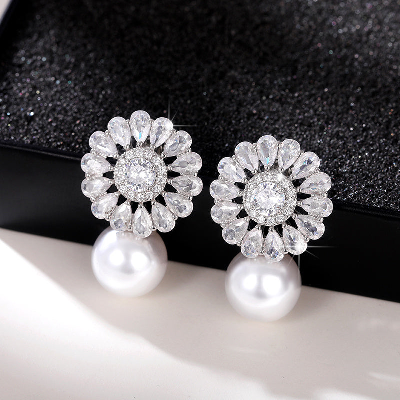 Fashion Flower zirconia Imitation Pearl Drop Earrings