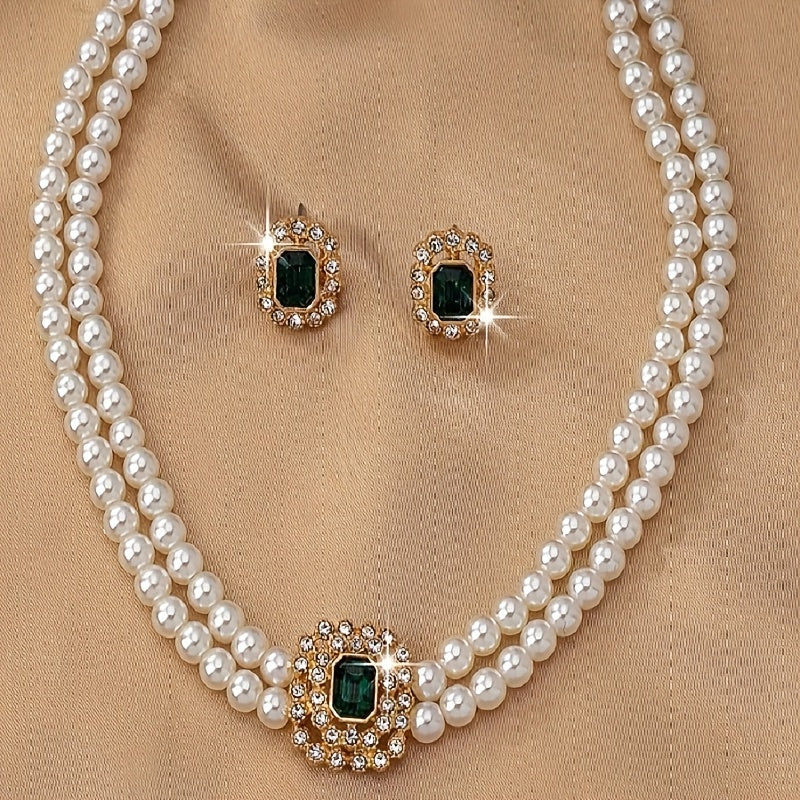 Luxury Elegant Double Row Faux Pearl Necklace Set