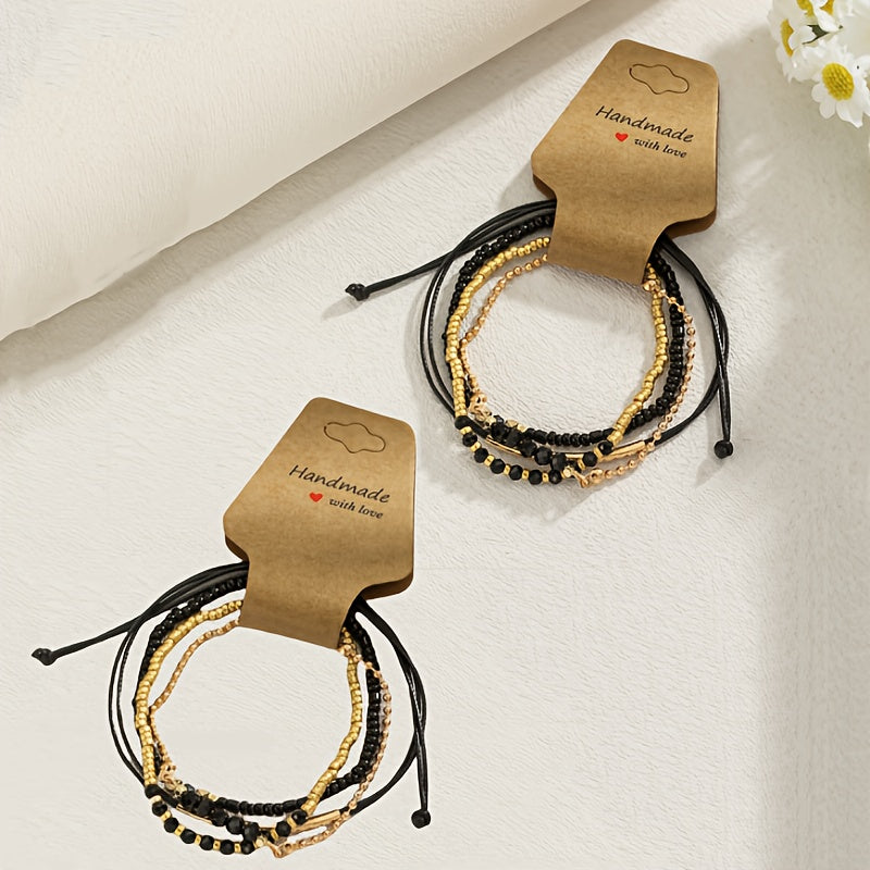 8-Piece Bohemian Beaded Bracelet Set – Black & Gold Adjustable Stackable Bangles, Perfect for Daily Wear & Gift Occasions