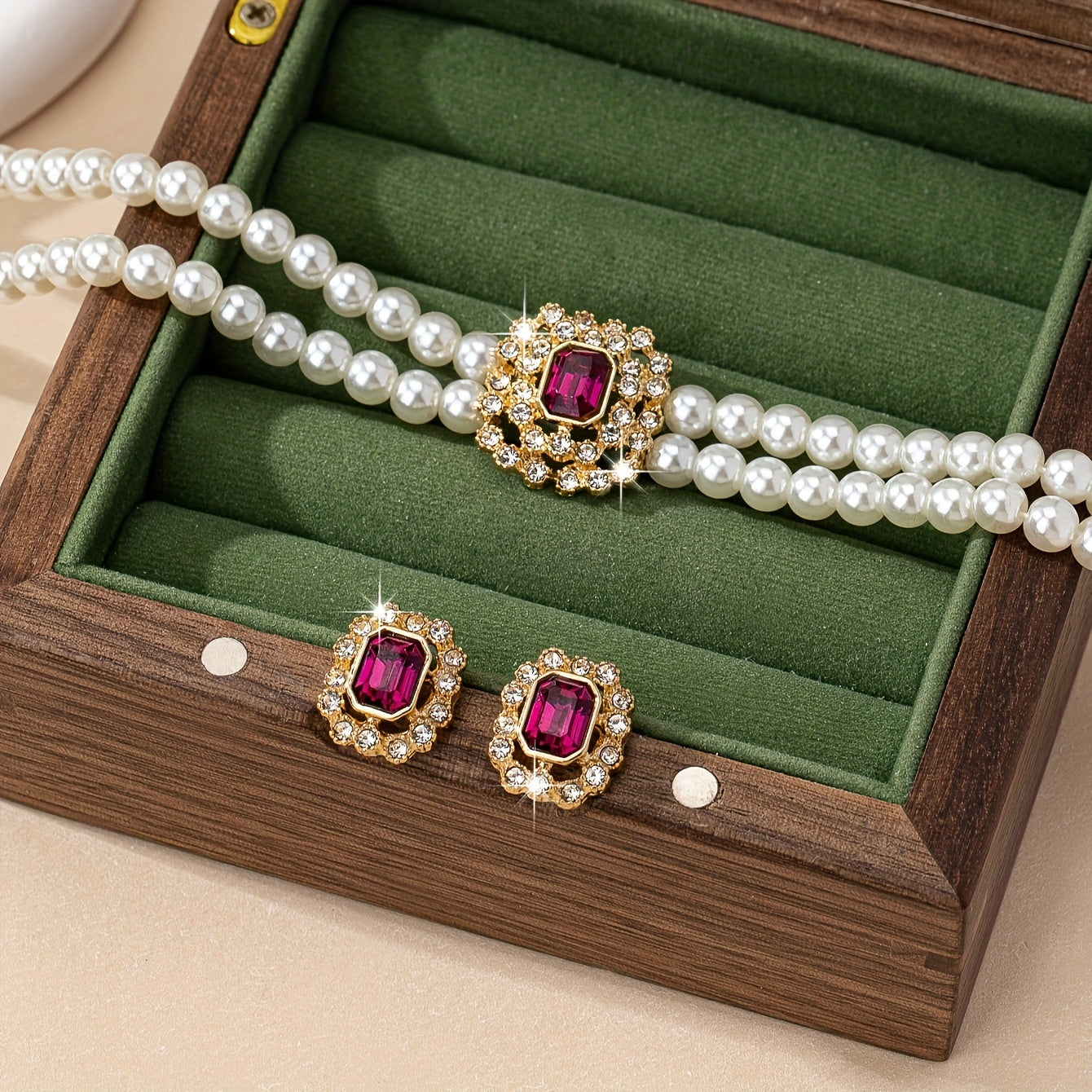 Luxury Elegant Double Row Faux Pearl Necklace Set