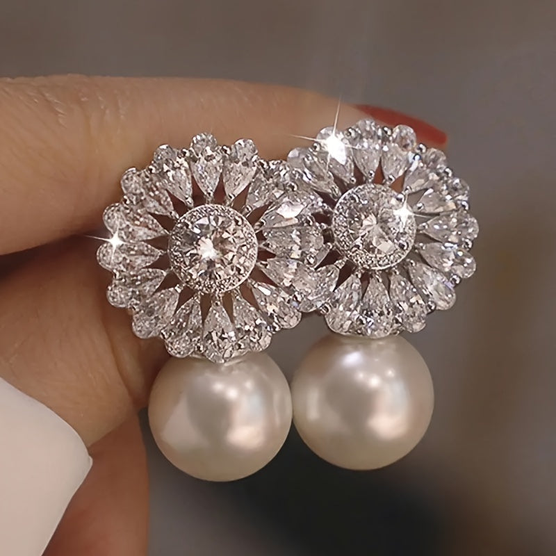 Fashion Flower zirconia Imitation Pearl Drop Earrings