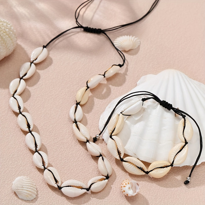 2pcs Bohemian Style Stretchable Natural Cowrie Shell Necklace and Bracelet Set, Adjustable Polyester Rope, Beach Vacation Jewelry Accessory