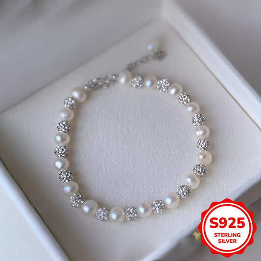 Elegant 6.69g 925 Sterling Silver Pearl & Zirconia Bracelet – Perfect Mother’s Day Gift for Mom, Fine Jewelry Accessory