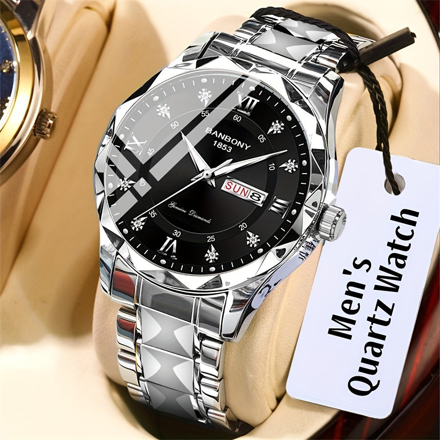 Men's Roman Numerals Dial Rhinestones Multifunctional Watch