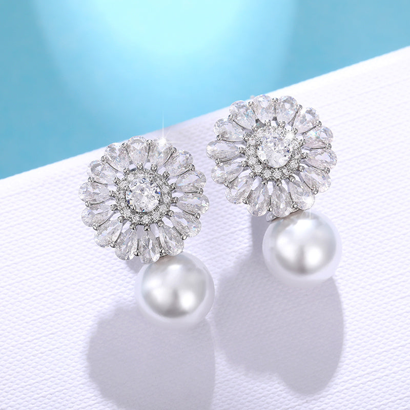 Fashion Flower zirconia Imitation Pearl Drop Earrings