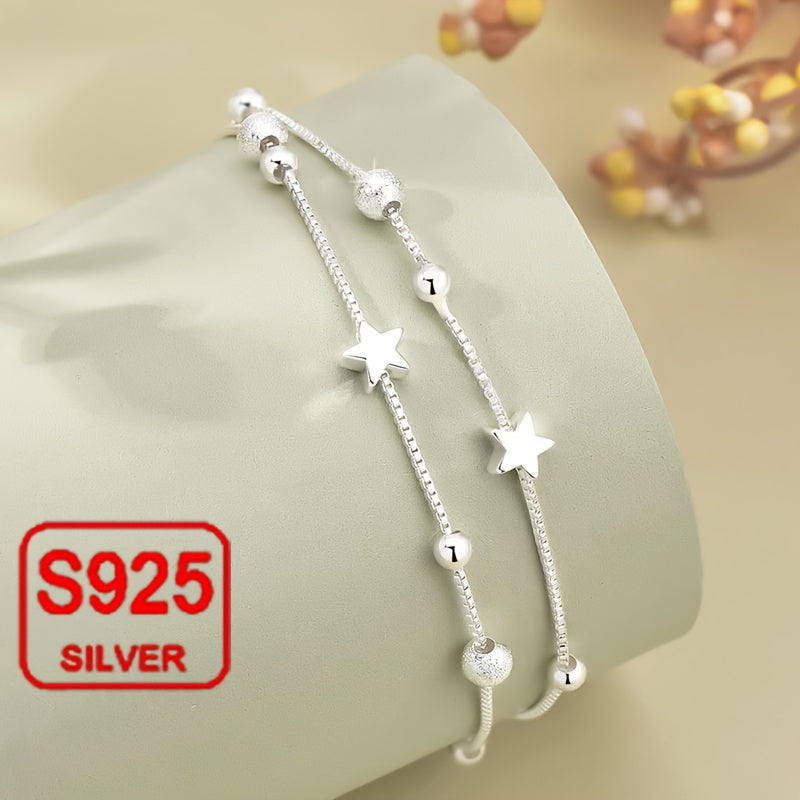 Women's Double-Layer Star Bracelet – 925 Sterling Silver, Hypoallergenic, Versatile Jewelry for Beach, Daily Wear, Weddings & Special Occasions, Perfect Gift for Mother’s Day, Valentine’s Day & Ramadan