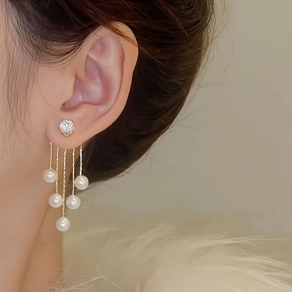 Rhinestone Imitation Pearl Tassel Stud Earrings Ladies Party Dating Wedding Long Dangle Earrings