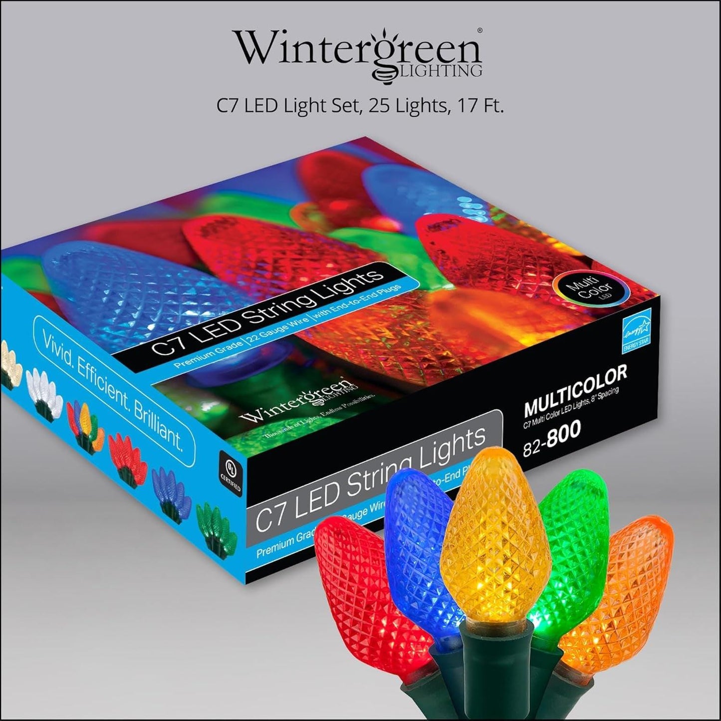 Multicolor LED Christmas Lights – 25 Faceted Bulbs, Green Wire