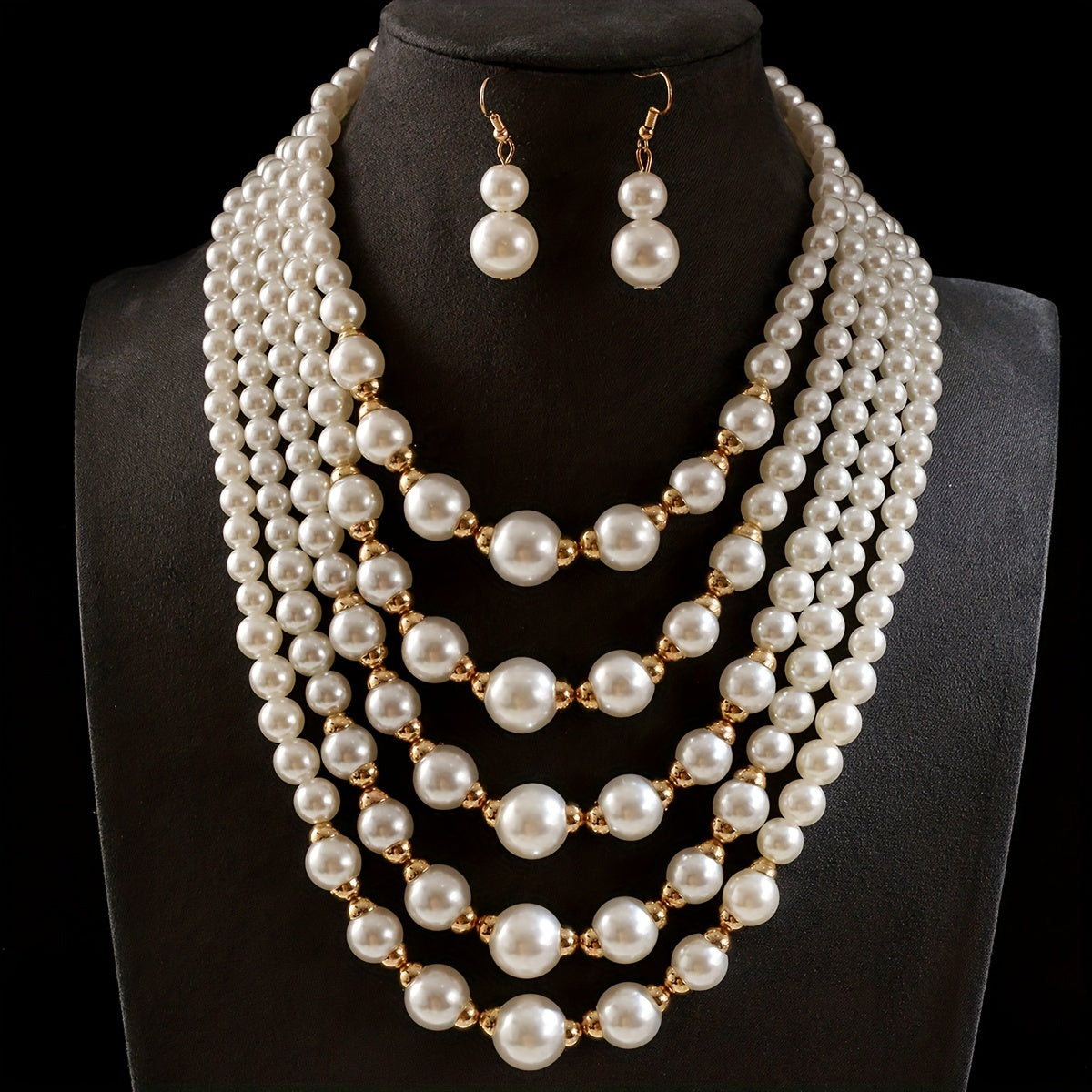 Elegant Multi-Layered Faux Pearl Beaded Necklace and Earrings