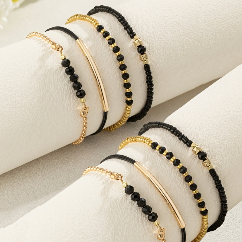 8-Piece Bohemian Beaded Bracelet Set – Black & Gold Adjustable Stackable Bangles, Perfect for Daily Wear & Gift Occasions